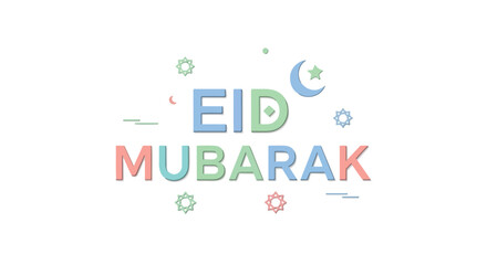 Obraz premium Colorful Eid Mubarak greeting with crescent moon and stars on a white background.