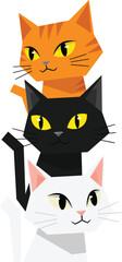 Obraz premium A stylized vector illustration of three colorful cats stacked in a vertical tower orange black and white.