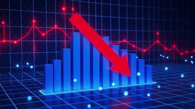 3D financial chart animation with blue bars and a falling red arrow indicating economic crisis and recession.