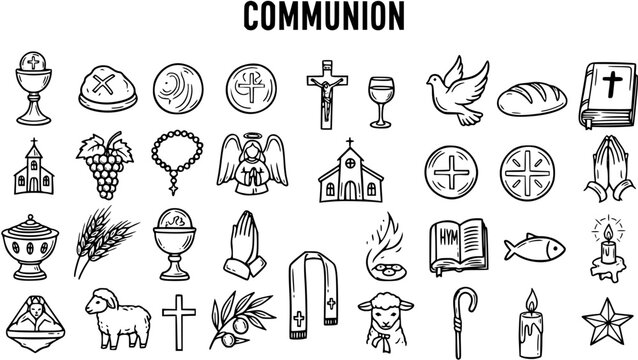 Black and White Line Art Christian Communion Symbols Set. Hand-drawn Doodle Religion Faith and Spirituality Outline Icons Collection.
