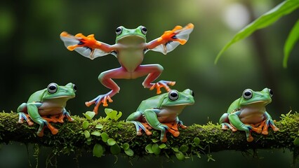 Five Frogs in Yoga Pose on Log.