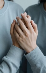 Two hands clasped in prayer, soft light on gentle sleeves against muted background.