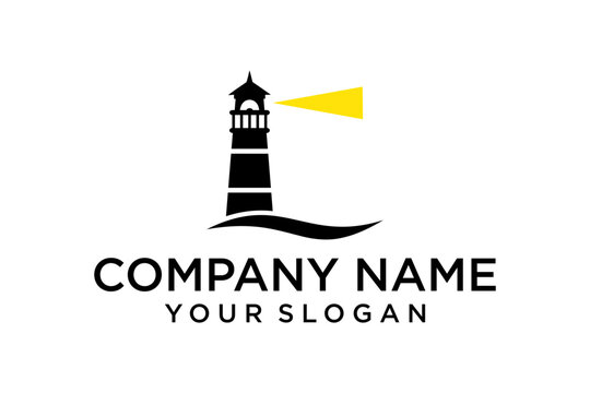Modern lighthouse logo design with bright yellow light beam and stylized L-shaped wave base