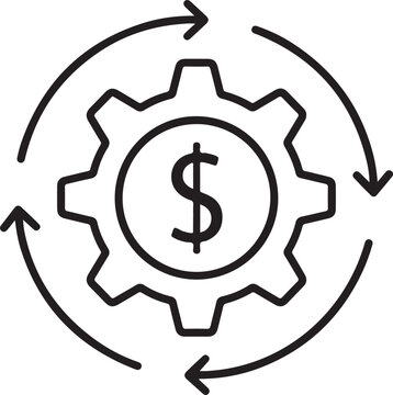 Financial process icon showing money circulation within a gear mechanism isolated on white background, illustration