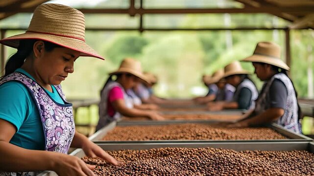 Woman in straw hat meticulously sorts coffee beans on a drying table, showcasing the detailed process of coffee preparation with multiple workers engaged in the background