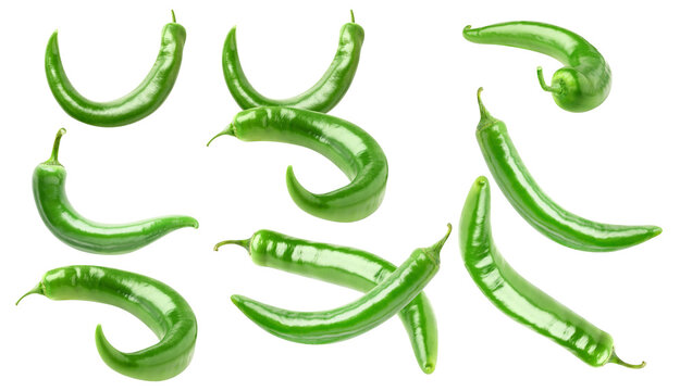 a dynamic arrangement of fresh, vibrant green chili peppers, captured in various curved and twisting poses against a clean transparent background.