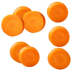 collection of bright orange carrot slices floating randomly against a transparent background.