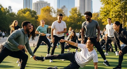 Obraz premium Diverse group of young adults (Gen Z) participating in an outdoor, community-focused fitness class (e.g., yoga, calisthenics) in a vibrant urban park.