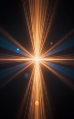 Radiant beams of golden and blue light burst from center, scattering across dark void.