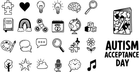 Autism Acceptance Day hand-drawn black and white line art doodle icon set with symbols for neurodiversity, awareness, and special needs education.