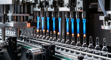 Pharmaceutical manufacturing line sealing glass ampoules with flame Production