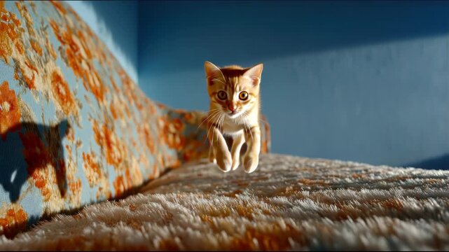 A ginger kitten stands on a fluffy rug, against a backdrop of a floral-patterned cushion