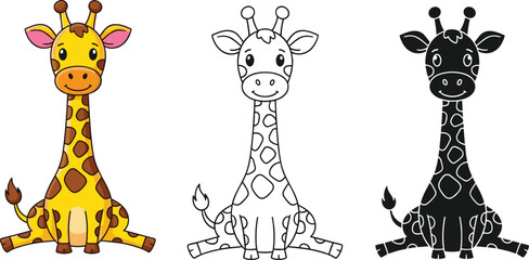 Cute cartoon giraffe character set in three styles including full color line art and black silhouette vector for kids design © Hafiza