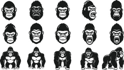 Angry Gorilla Mascot Head and Full Body Vector Illustrations Set Isolated on White Background for Sports Logos Gaming and Branding © Hafiza
