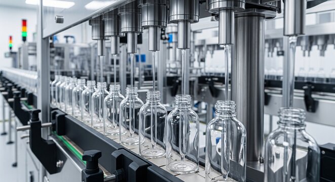 Automated liquid filling line processing clear glass bottles on a conveyor belt