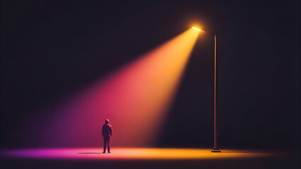 Fototapeta premium Person standing in a dramatic spotlight of warm light and color