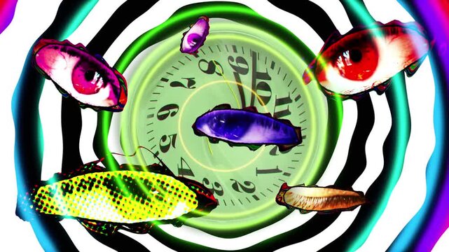 Several color changing animated eyeballs, opening and closing, set against a psychedelic black and white swirl background. With a flashing lightning bolt, and melting clock.