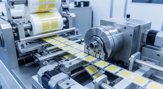 Automated industrial machine producing uniform yellow square stickers on a continuous roll