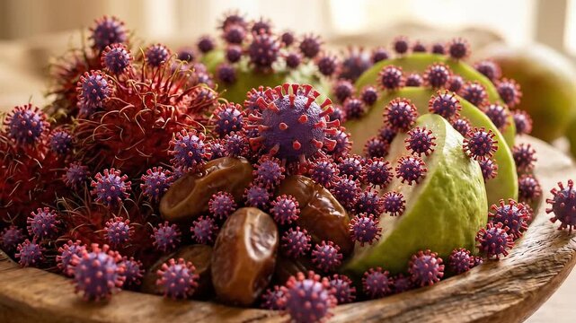The concept of Nipah virus spreading on tropical fruits in a wooden bowl, depicting foodborne disease risk and zoonotic transmission for public health awareness, medical research,