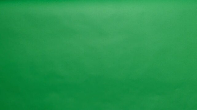 A top-down, close-up shot of an adult male hand holding a white and black hand broom, sweeping the surface of a solid green screen.