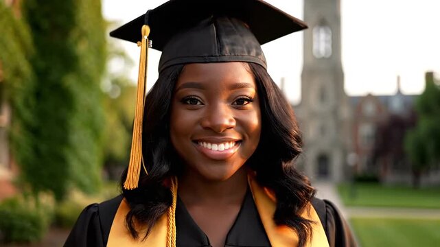 Smiling graduate in cap and gown outdoors.