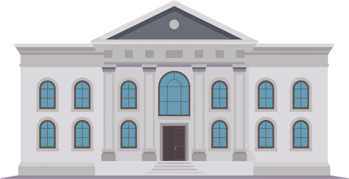 Classic white government building facade with columns and arched windows for bank courthouse or administrative office architectural flat vector illustration
