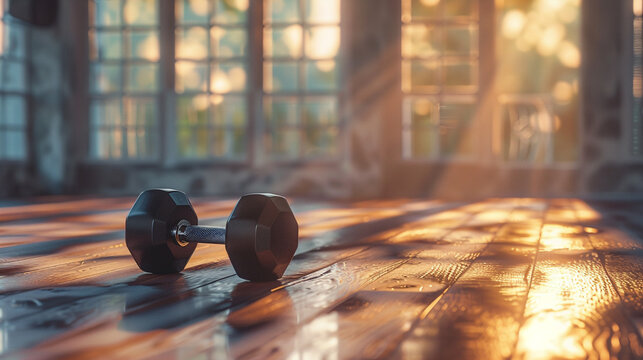 Dumbbell on wooden floor in industrial gym at sunrise with warm lighting