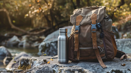 Hiking backpack and stainless steel water bottle on rocky riverside in golden autumn sunlight outdoor adventure travel