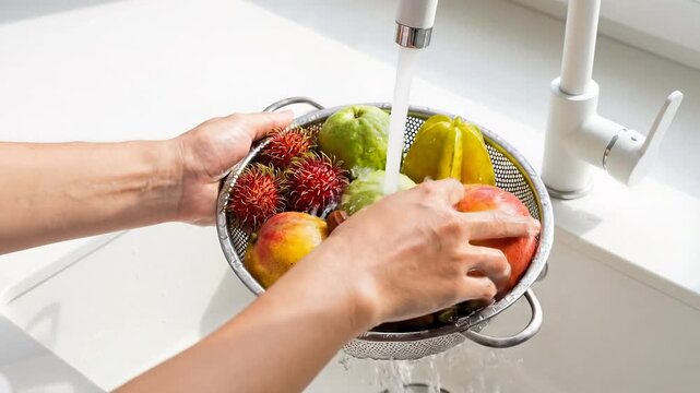 Human hands washing fresh tropical fruits: rambutan, guava, carambola in colander under clean running water for Nipah virus concept, food preparation safety, kitchen hygiene,