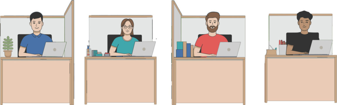 Modern corporate office cubicle vector set featuring professional diverse employees working on laptops at wooden desks with privacy partitions