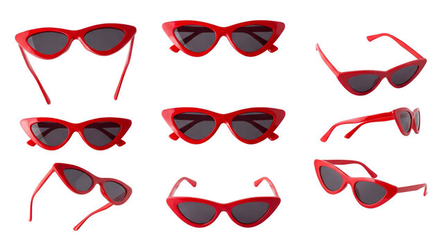collection of stylish red cat-eye sunglasses with dark lenses, presented from various angles on a black backdrop for fashion and accessory visuals.