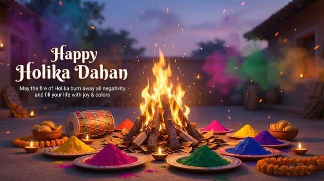 Vibrant Holika Dahan celebration with colorful powders and fire