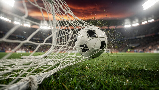 Action shot of soccer ball hitting the net with flying grass particles and stadium lights background. Goal and victory concept.