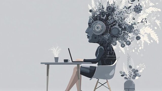 Woman Working on Laptop with Creative Head.