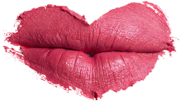 Pink lipstick shimmering texture in lip shape on white background, representing makeup beauty, cosmetic branding, glamour, and fashion advertising.