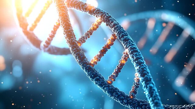 DNA Helix: A luminous, close-up view of a DNA helix model, radiating with light and detail, symbolizes the fundamental building block of life and the wonders of scientific advancement.