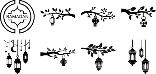 Set of 8 Artistic Ramadan Lantern Silhouettes Hanging from Tree Branches with Decorative Crescent Moon and Star Elements for Spiritual Graphic Design