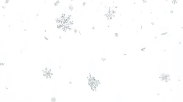 Falling silver snowflakes dance in a minimalist style against a clean white backdrop, creating a serene, wintry, festive ambiance.