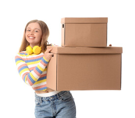 Young woman with cardboard boxes on white background