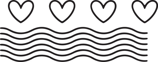 Four heart shapes above wavy lines. love and water connection. romantic ocean background