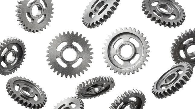 a set of realistic metallic gears, arranged and isolated on a transparent background, representing industry and mechanics.
