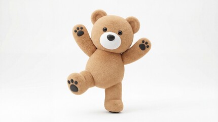 Fototapeta premium Joyful Teddy Bear Dancing with Arms Up on White Background.