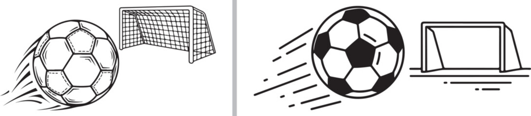 Two vector illustrations of soccer balls flying toward goals. The left side features a realistic sketch style, while the right side uses a clean, modern line art aesthetic with motion lines. © Muhammad