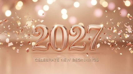 A shimmering rose gold depiction of the year 2027 surrounded by confetti celebrates new beginnings and hope