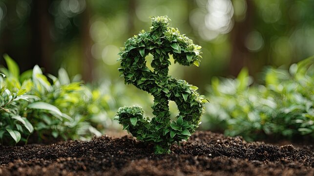 A dollar sign made of green foliage sits in rich soil, symbolizing growth, nature, and sustainability in finance.
