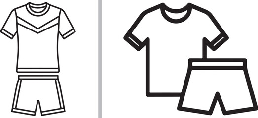 A two-panel vector illustration of minimalist sports apparel icons, featuring two distinct styles of a soccer jersey and matching shorts in clean, black-and-white line art. © Muhammad