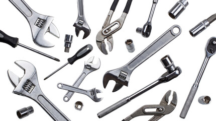 Naklejka premium a dynamic flat lay photograph presents a diverse collection of assorted metal tools, including wrenches