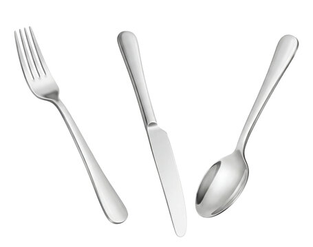 a clear, high-resolution photograph displays a fork, knife, and spoon artfully positioned diagonally on a deep transparent background, highlighting their polished metal surfaces and refined form.
