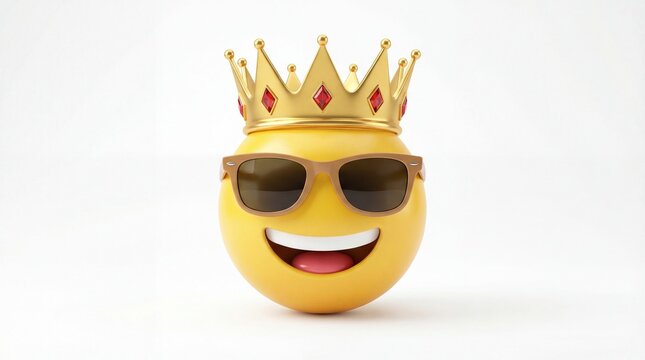 Cool Emoji with Crown and Sunglasses on White Background.