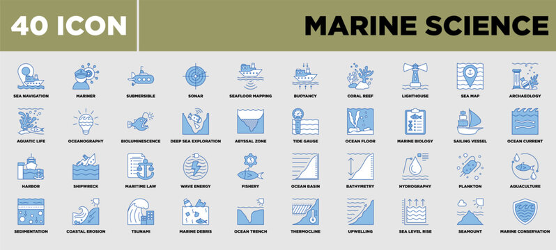 Marine Science Icon Set Blue White